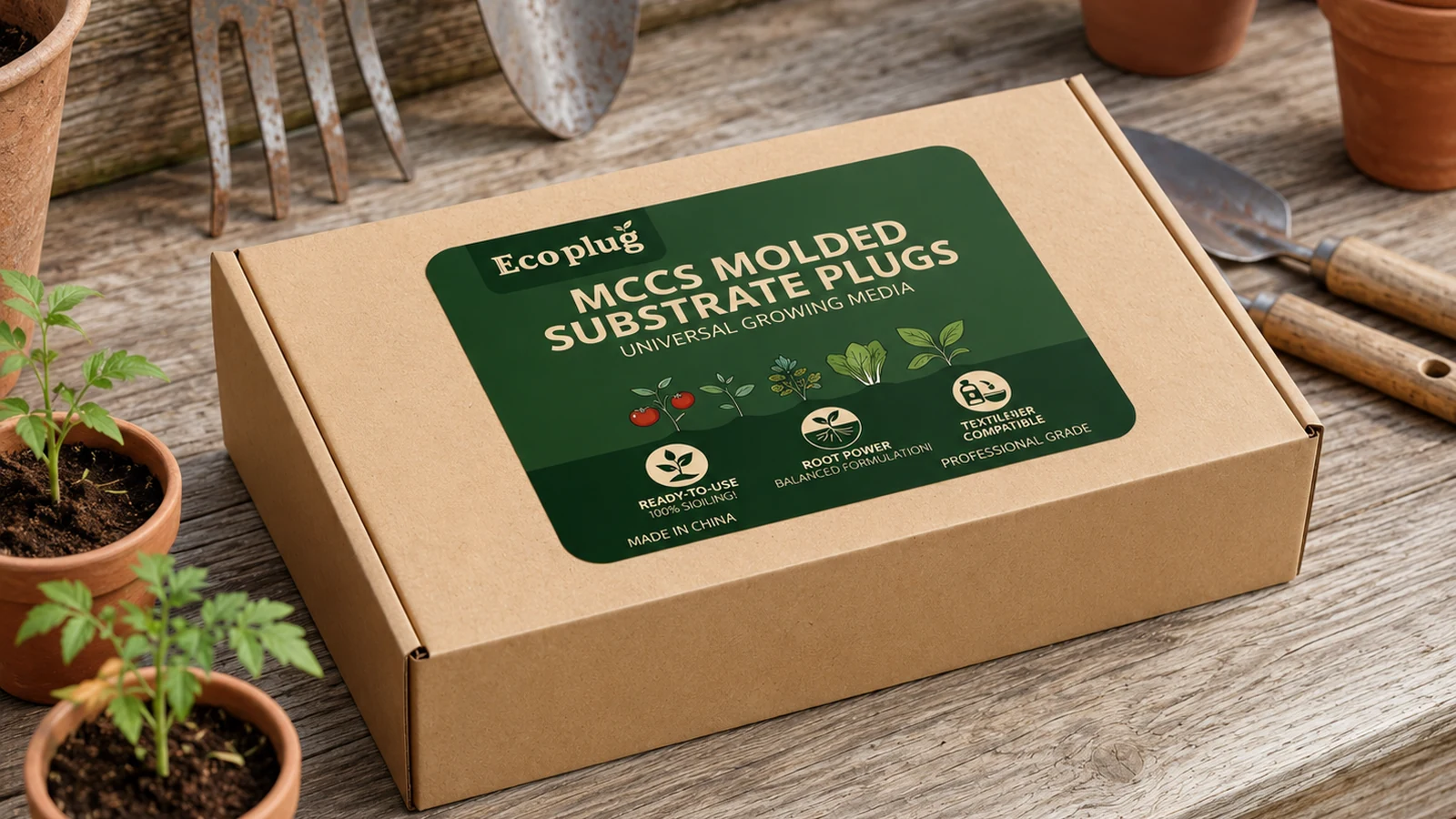 MCCS molded substrate plugs retail packaging on a gardening workbench for commercial hydroponics